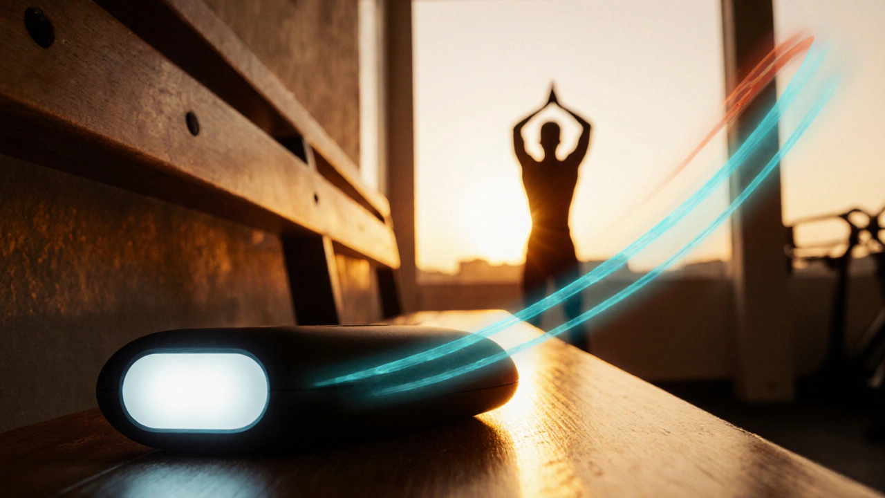 Appareil de massage posé sur un banc de gym au lever du soleil, entouré d'arcs lumineux symbolisant l'entraînement.