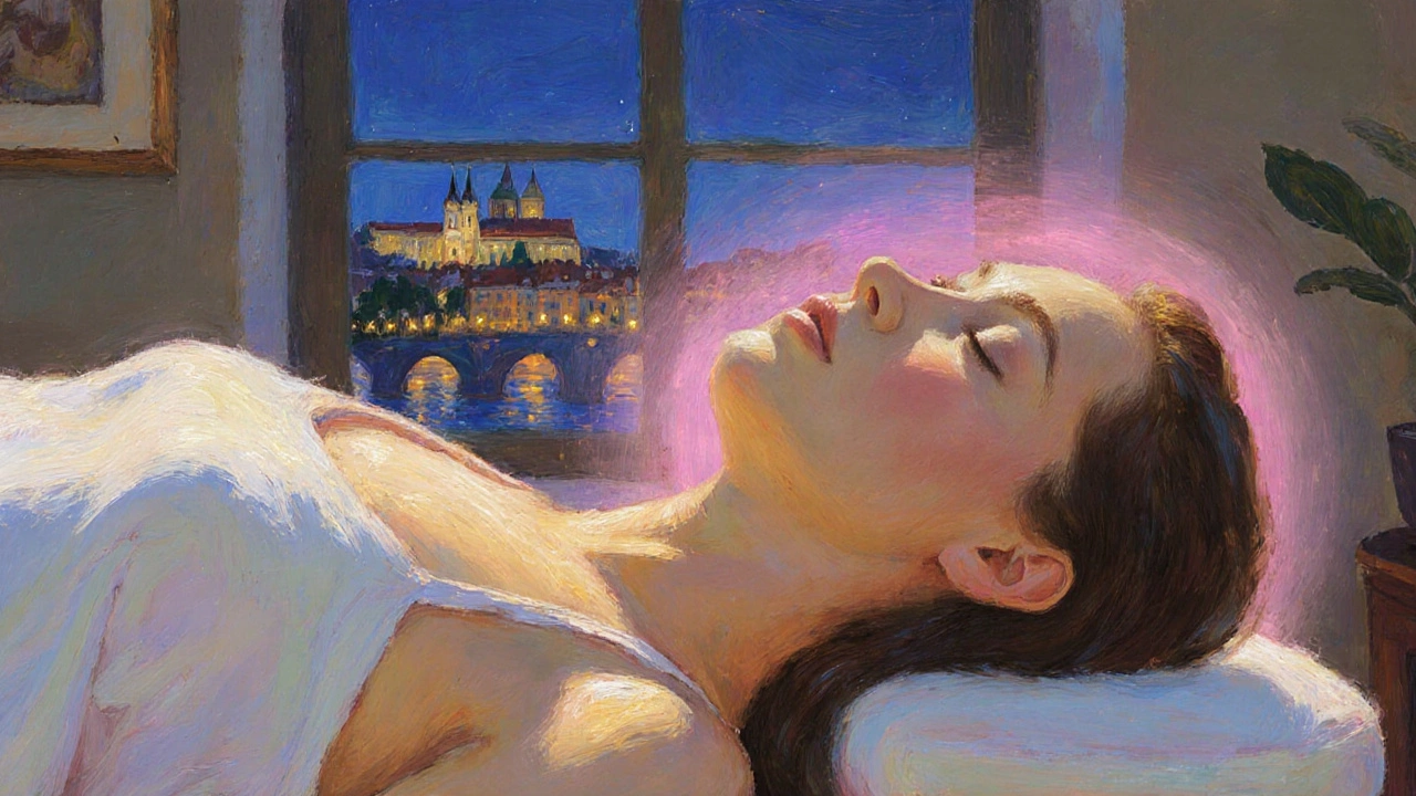 Client détendu après un massage, aura de calme avec la nuit de Prague en arrière‑plan.