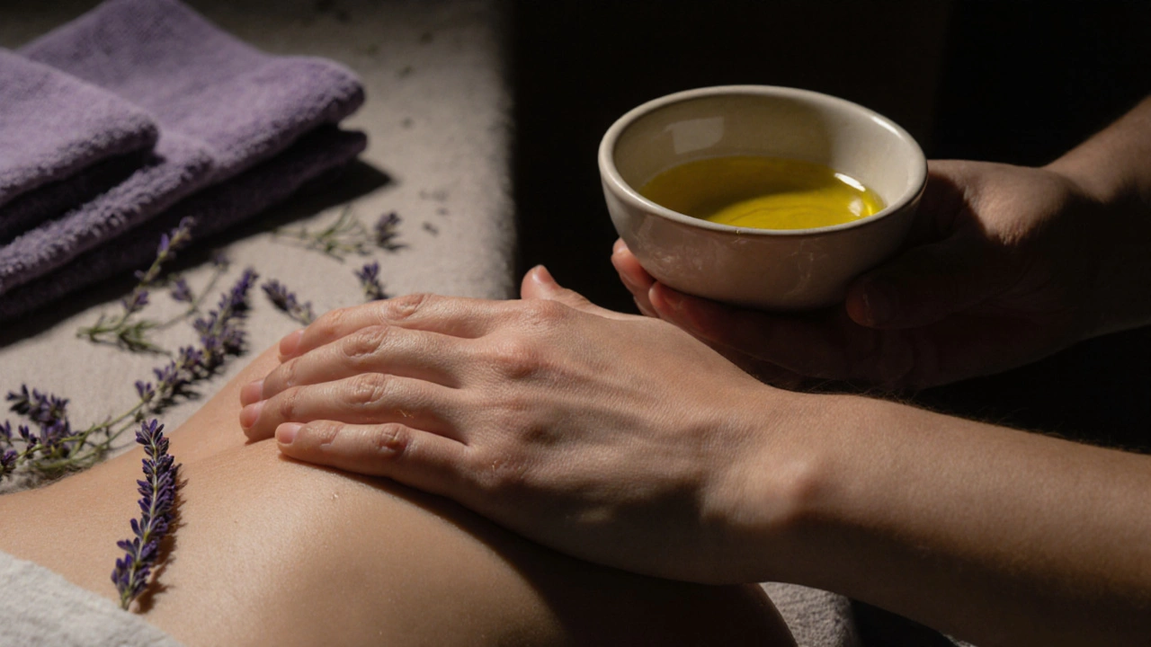 Deux mains en contact doux, une offrant un massage avec de l'huile chaude, dans une ambiance intime et calme.