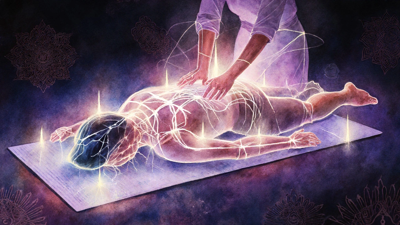 Illustration d’énergie fluide le long des lignes sen pendant un massage thaï, chakras lumineux.