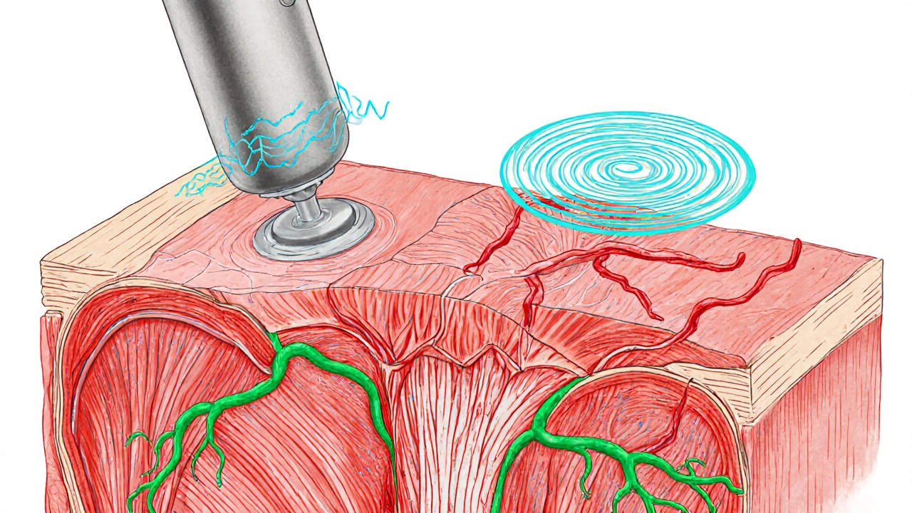 Illustration montrant des fibres musculaires détendues, des vaisseaux sanguins dilatés et des ondes vibratoires.