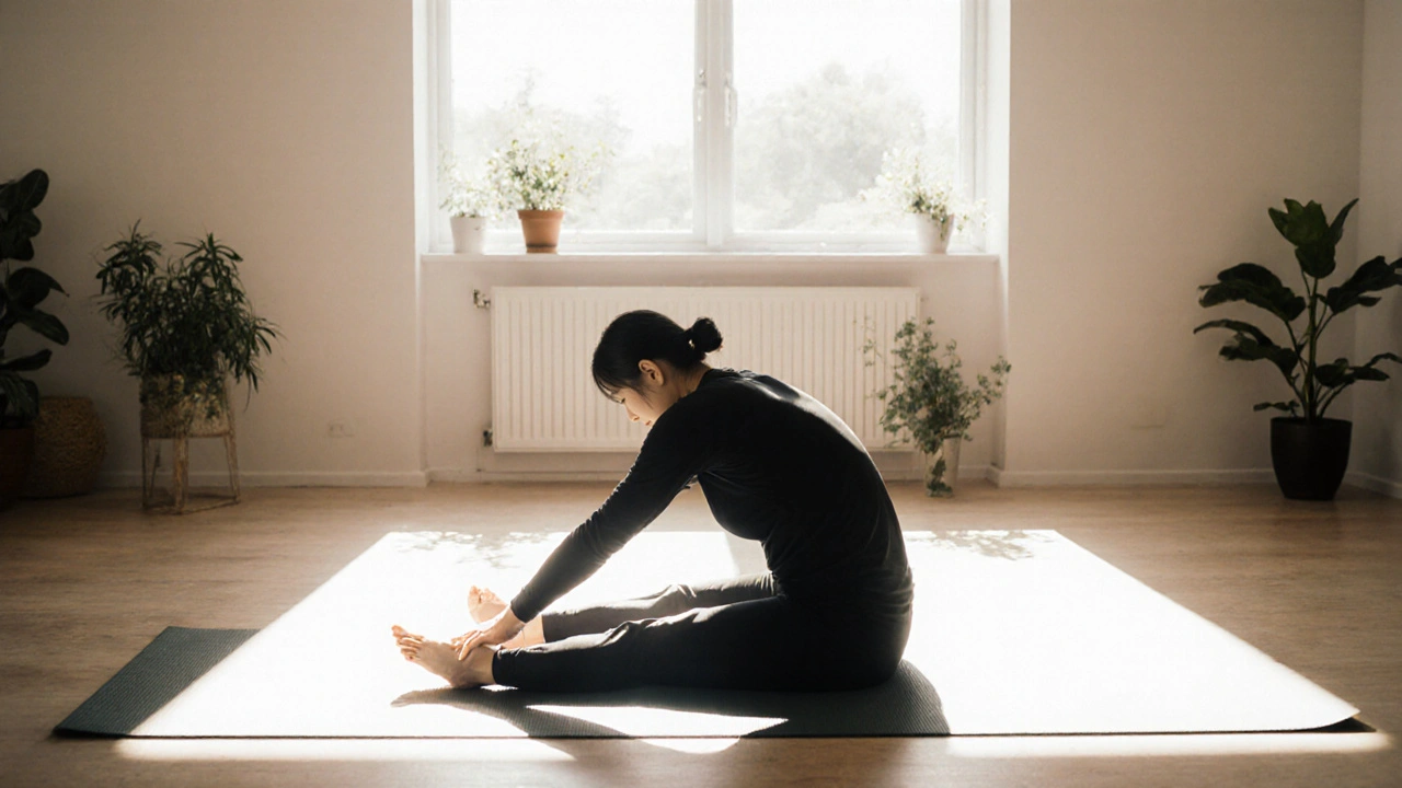 Personne pratiquant des gestes d’auto‑massage thaï chez elle, sur un tapis, lumière naturelle.