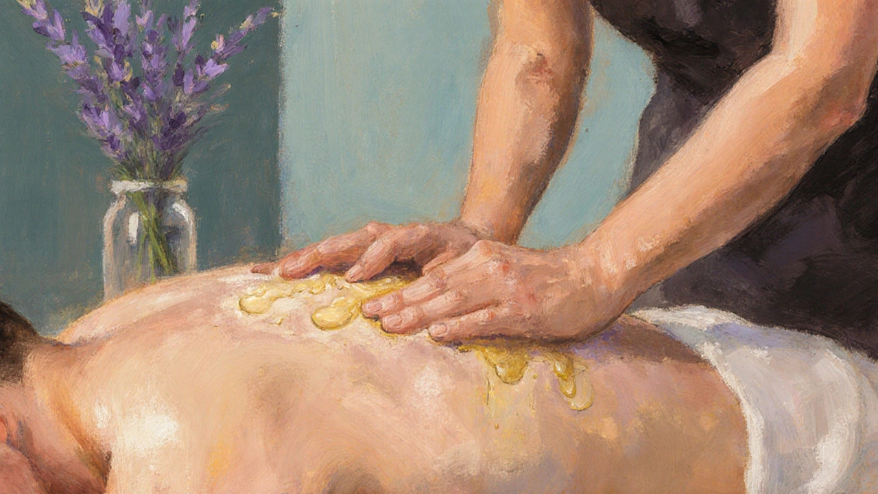 Praticien utilise tout son corps pour masser, huile brillante, ambiance chaleureuse.