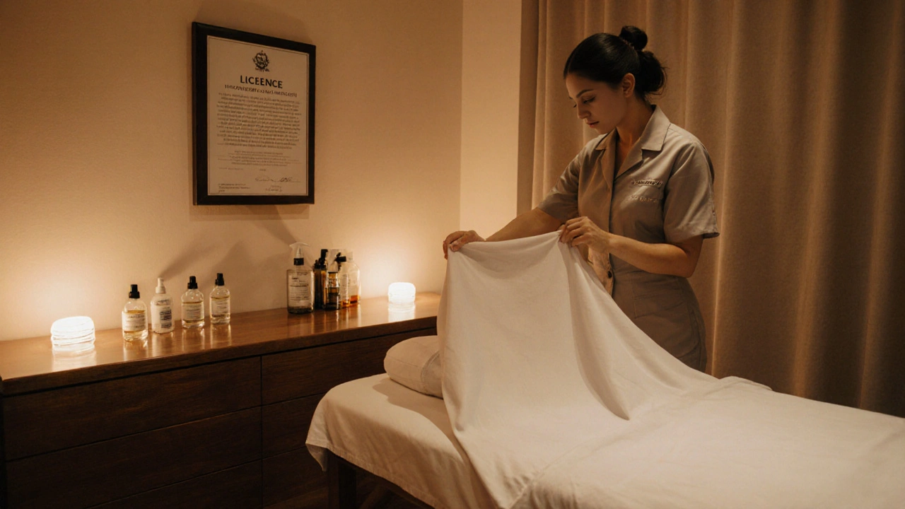 Salon de massage à Prague, salle propre avec thérapeute et licence affichée.