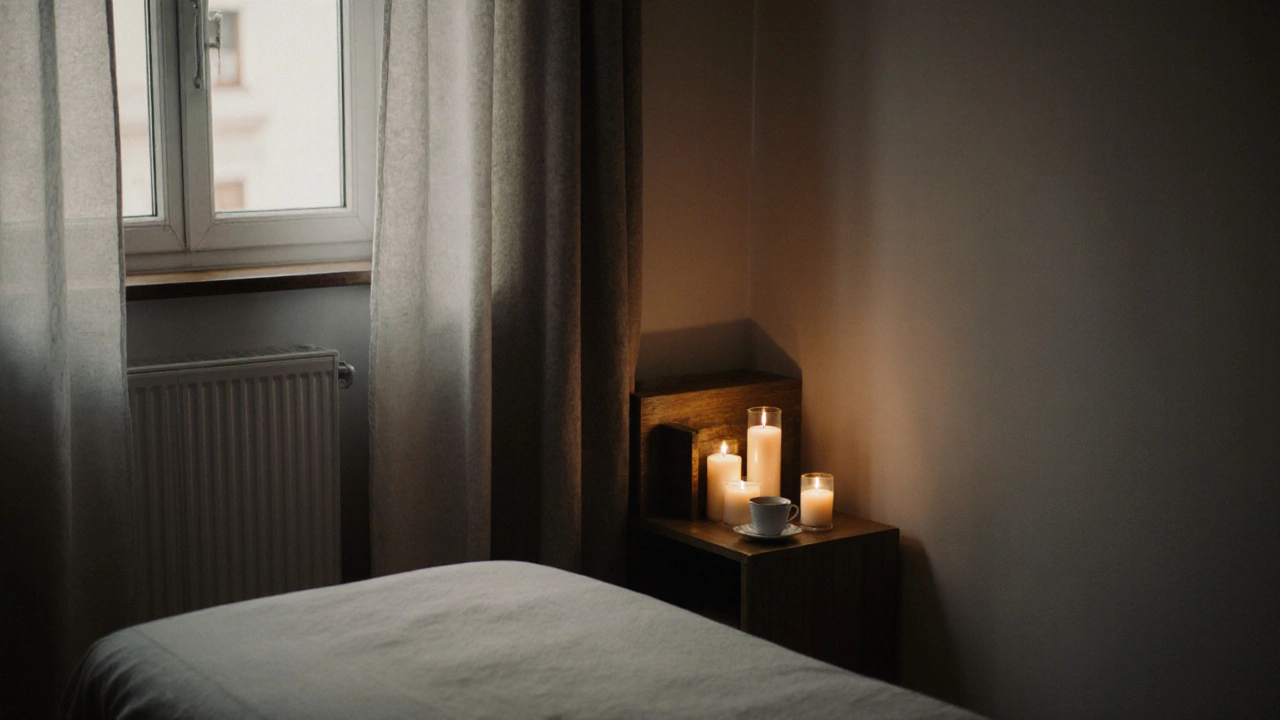 Une pièce vide après une séance, avec une tasse de thé, des bougies et un lit de massage rangé, en totale sérénité.