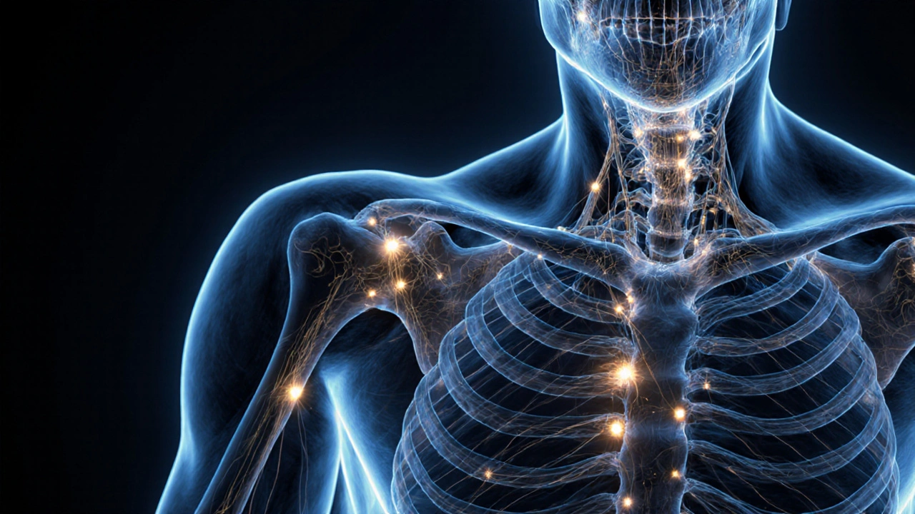 Corps humain représenté comme un réseau de fibres fasciales lumineuses reliant les zones de tension, dans un style artistique scientifique.