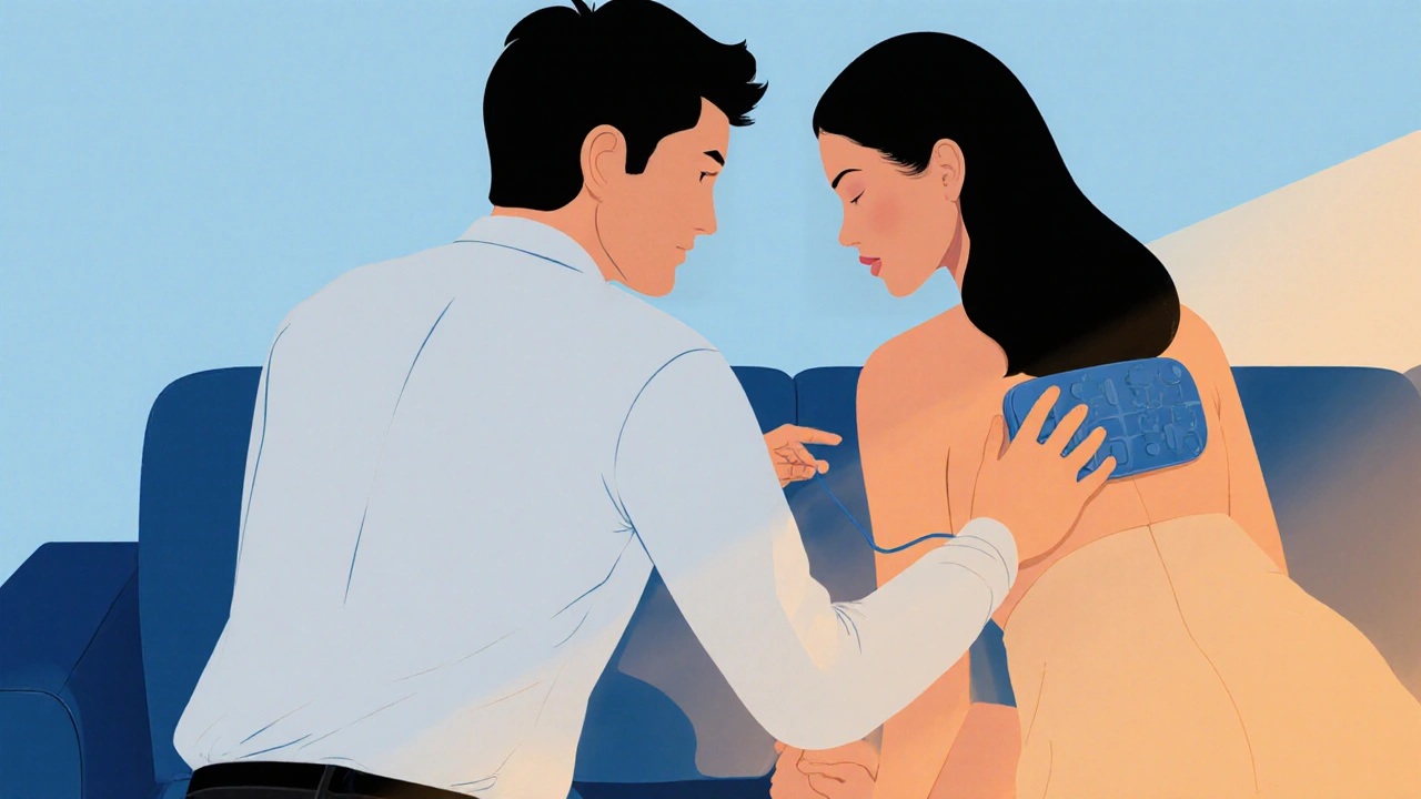 Couple partageant un moment de tendresse avec un dispositif de massage sur le dos, dans une lumière douce.