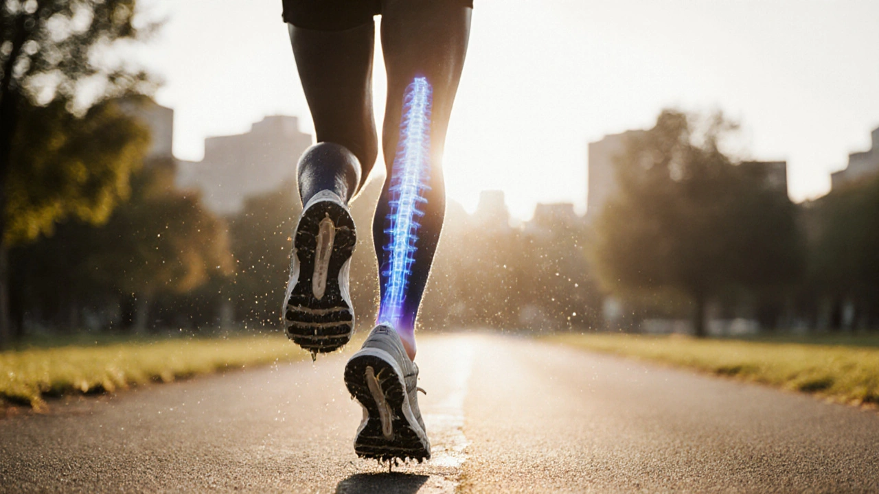 Coureur en mouvement, avec des lignes lumineuses symbolisant la libération du tissu fascial du pied jusqu&#039;au dos.