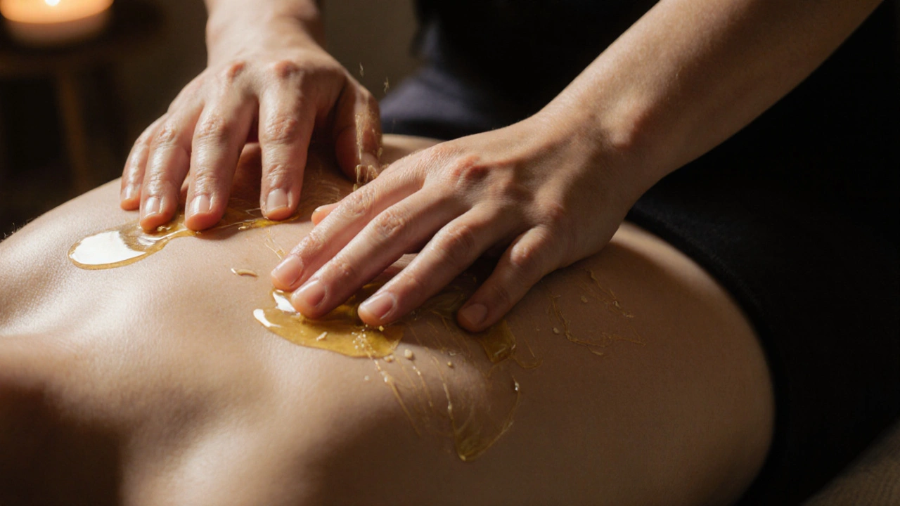 Des mains glissant doucement sur un dos nu, avec de l&#039;huile qui reflète la lumière douce.