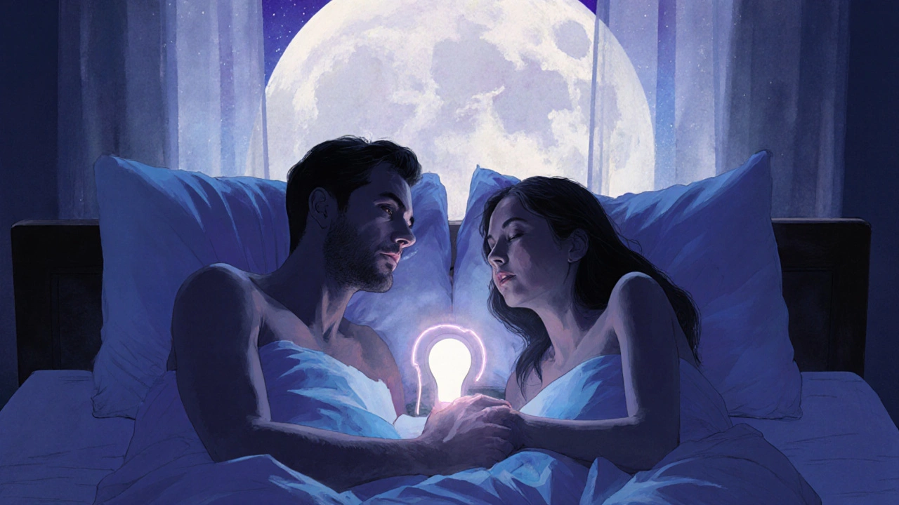 Deux partenaires partagent une expérience érotique connectée dans la douce lumière de la lune.