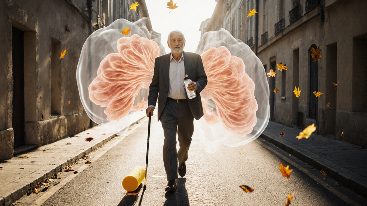 Homme âgé marchant sans canne, symbole de récupération grâce à la libération myofasciale.