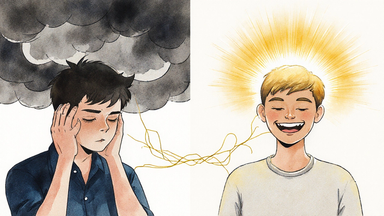 Image conceptuelle contrastant stress et calme, montrant un massage du cuir chevelu comme source de sérénité.