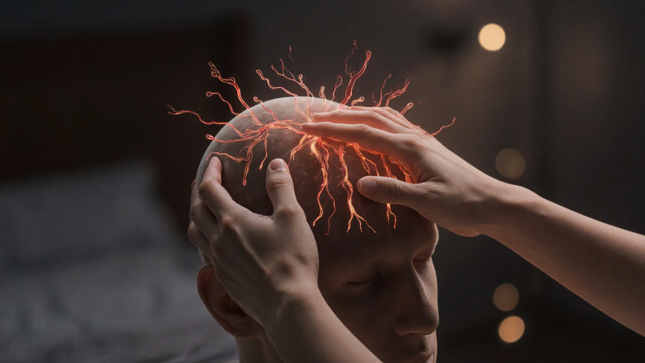 Mains appliquant une pression douce sur le cuir chevelu, avec des lignes de circulation sanguine subtilement représentées.