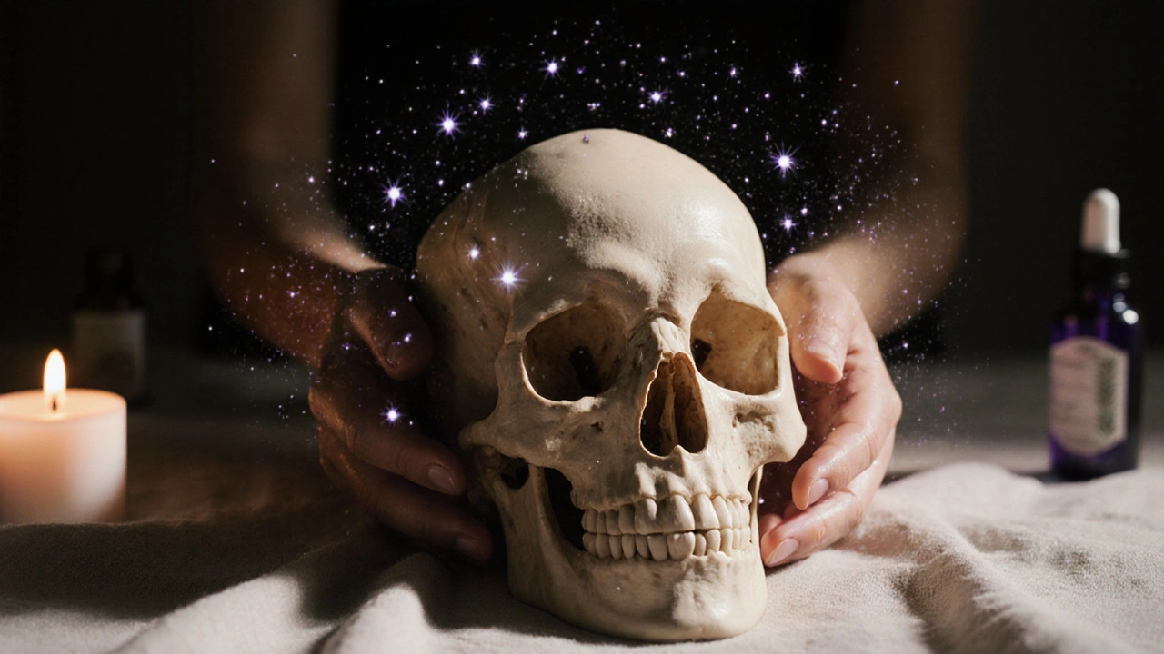 Mains cradlant un crâne nu sur un tissu, des particules lumineuses flottent autour, éclairage doux.