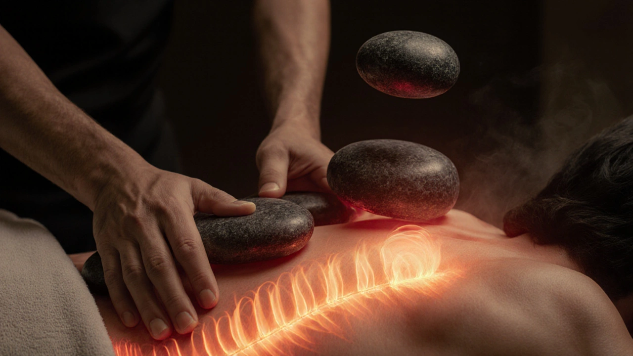 Mains de masseur glissant sur les épaules avec des pierres volcaniques, des ondes de chaleur visibles dans la peau.