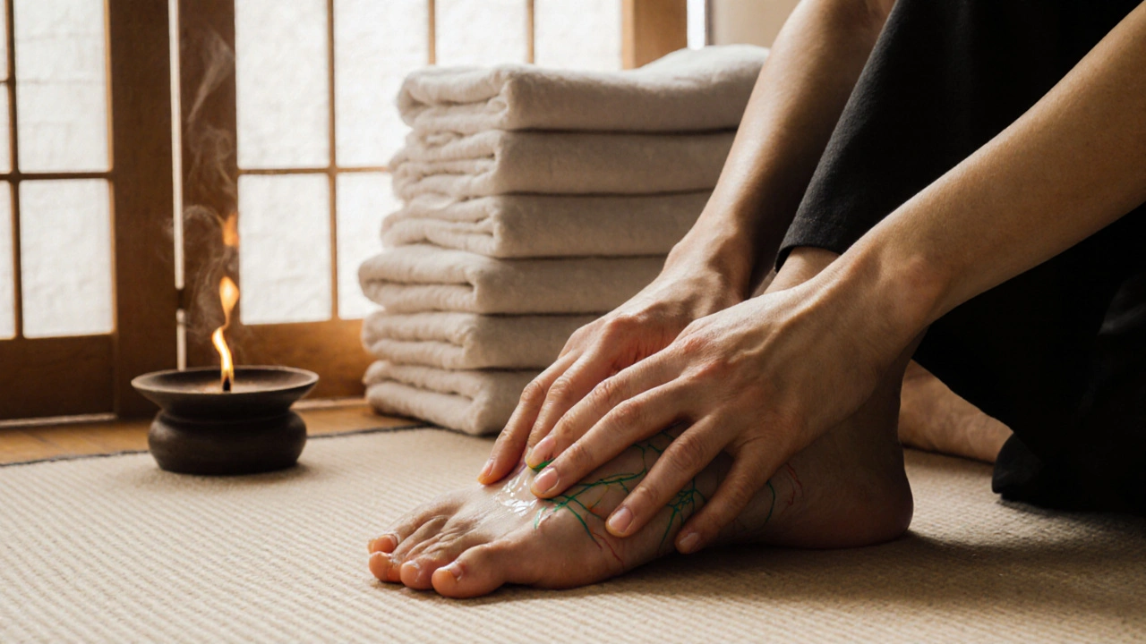 Mains expertes exercent une pression précise sur le pied, dans une ambiance zen et naturelle.