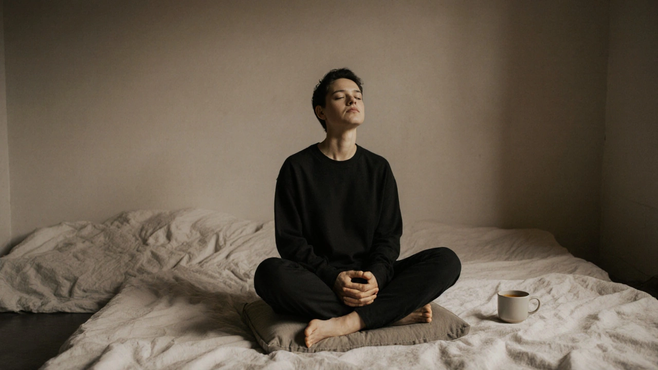 Personne après une séance, assise en silence, les mains sur le ventre, en pleine connexion corporelle.