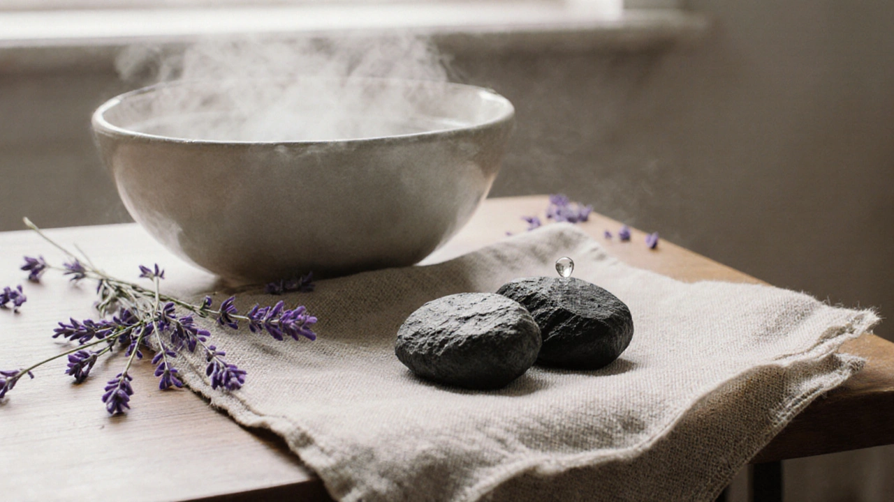 Pierres de lave chaude et froide posées sur un tissu, avec lavande et goutte d&#039;humidité, symbole d&#039;équilibre thermique.