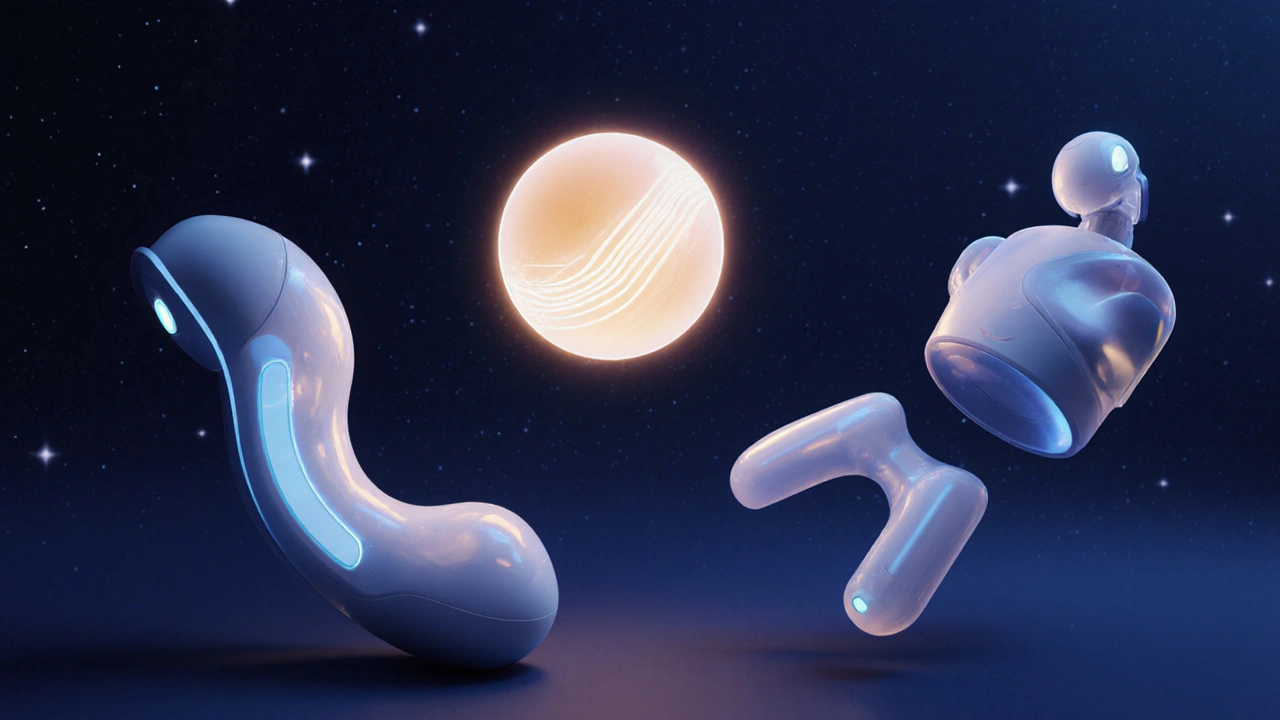 Quatre outils de bien-être érotique représentés sous forme abstraite et élégante.