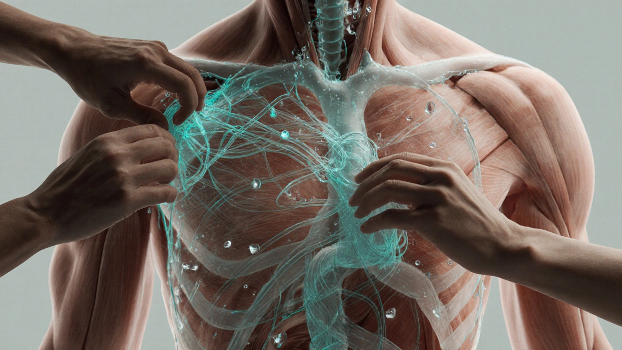 Réseau de fascia transparent se détendant sous la peau, avec des gouttes d&#039;eau qui l&#039;hydratent.