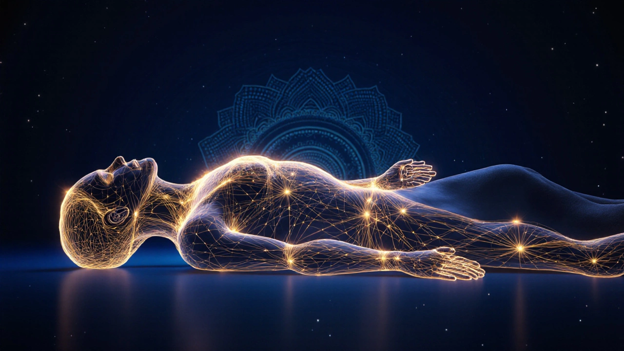 Schéma abstrait d&#039;énergie vitale circulant à travers le corps sous forme de fils dorés, sur fond sombre, sans éléments sexuels.