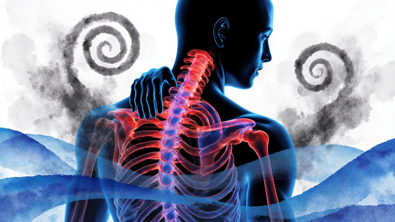 Silhouette corporelle avec des lignes lumineuses montrant la libération de tension aux épaules et au cou, entourée de vagues de calme.