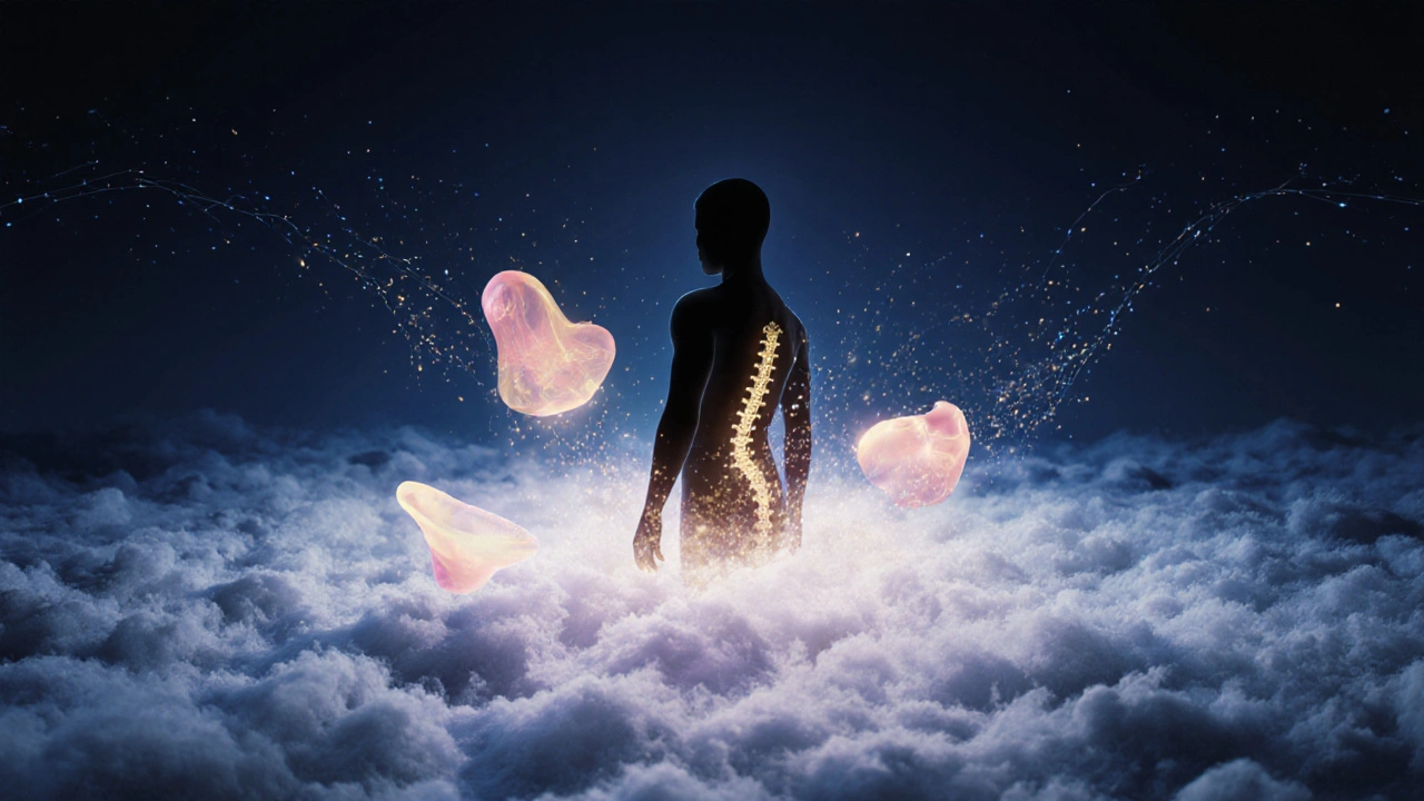 Silhouette humaine émergeant de vagues lumineuses symbolisant la stimulation personnalisée et la connexion corporelle.