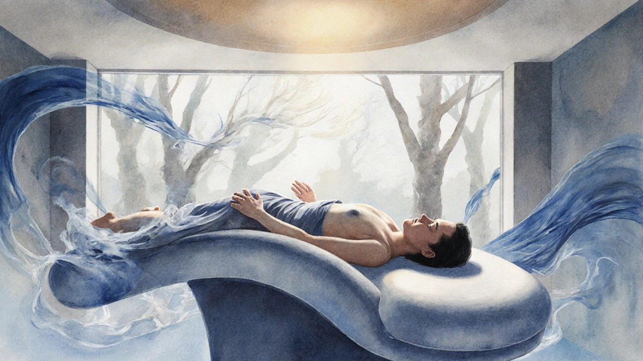 Silhouette relaxée sur une table courbée, entourée de teintes douces représentant la libération du stress, dans un style aquarelle.