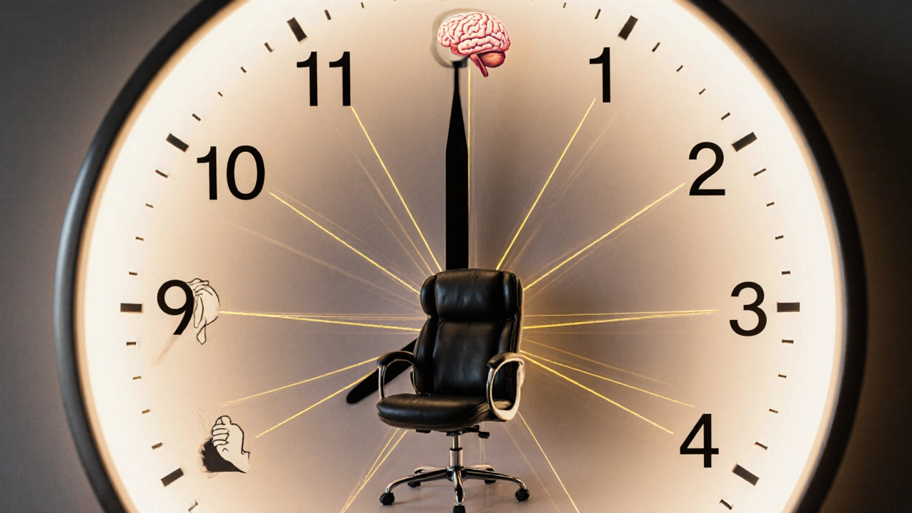 Un cadran d&#039;horloge dont les chiffres sont remplacés par des symboles de santé et de concentration, centré sur une chaise de massage.