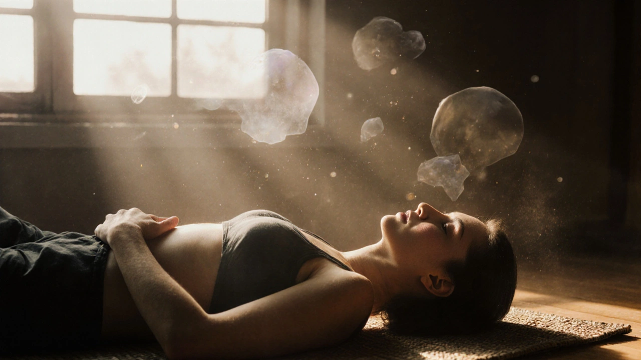 Une personne seule en pleine relaxation, la main sur le ventre, au lever du soleil.