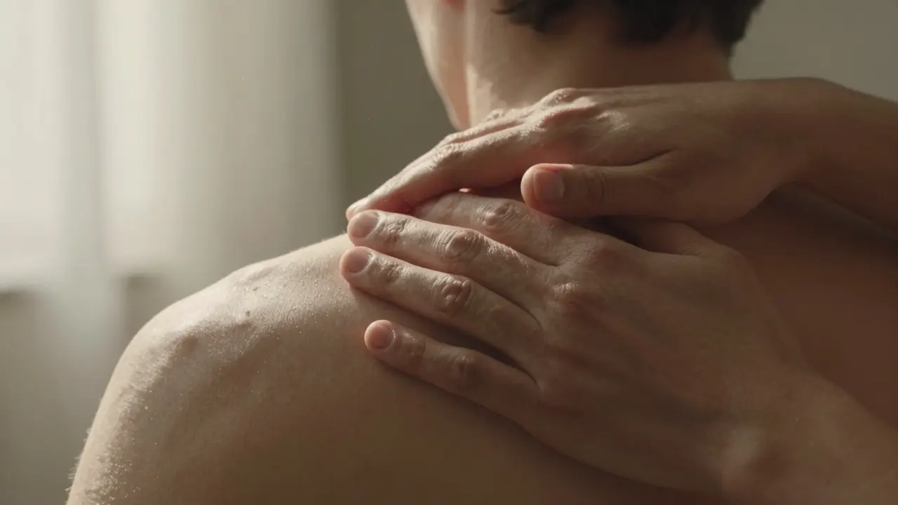 Deux mains en contact apaisant sur le haut du dos, la peau et les textures détaillées dans une lumière naturelle.