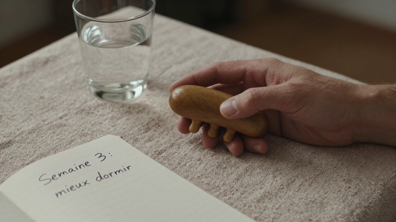Main tenant un masseur prostatique en bois sur une serviette, avec un journal ouvert et un verre d&#039;eau, évoquant la routine de soin.