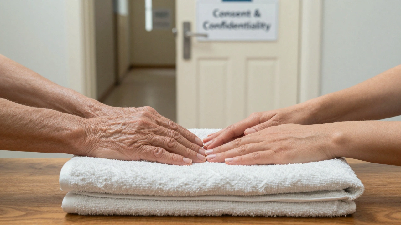Mains délicatement posées sur une serviette pliée, symbole de respect et de limites dans un contexte thérapeutique.