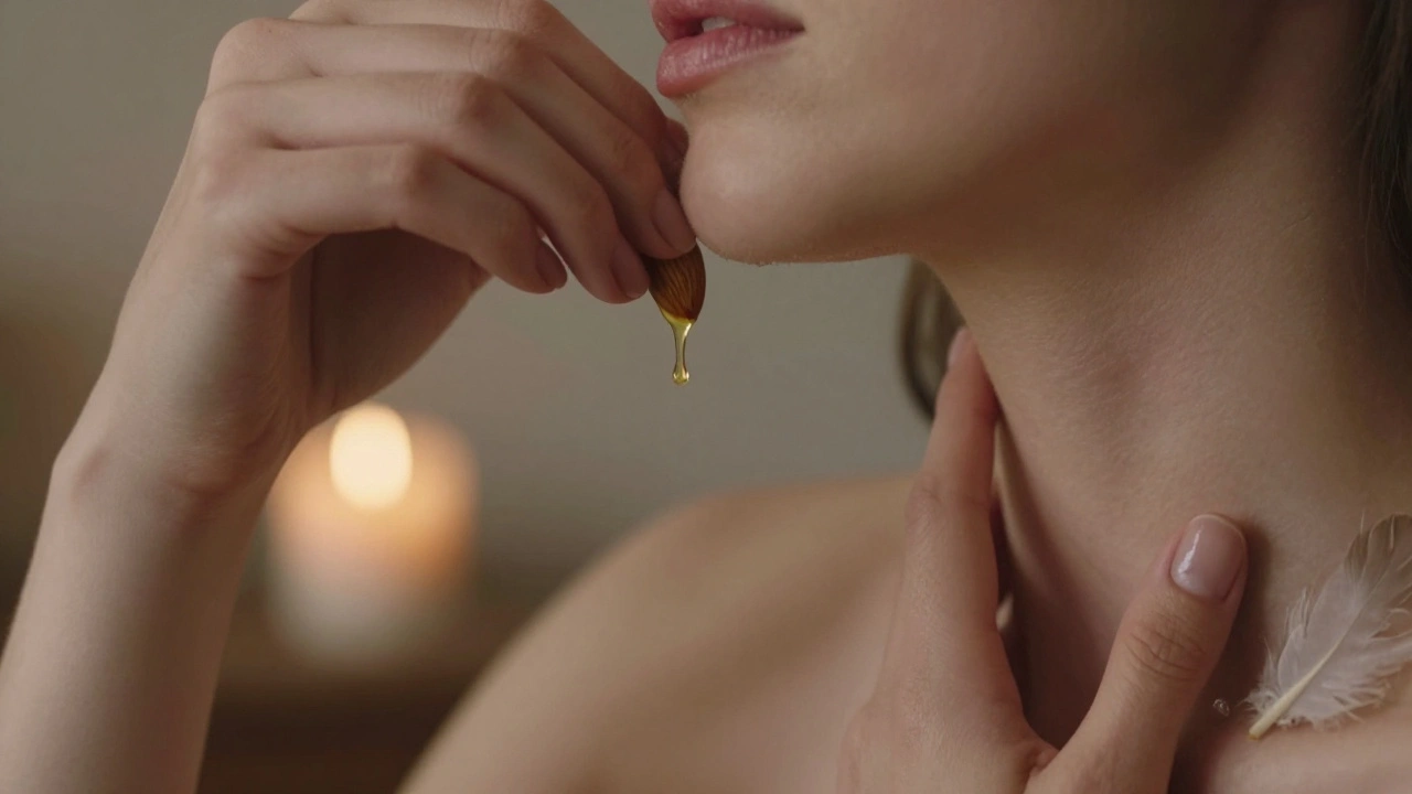 Plan rapproché de mains et de lèvres en contact, une goutte d&#039;huile chaude et une chandelle vacillante en arrière-plan.