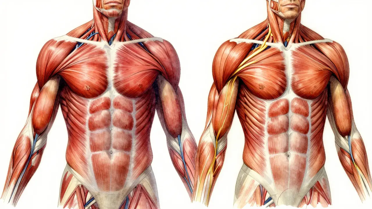 Schéma anatomique artistique montrant la transformation d’un muscle tendu en muscle relâché grâce au massage, avec flux sanguin et lymphatique.