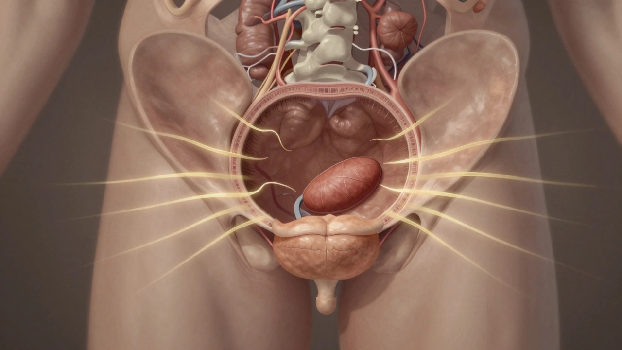 Schéma anatomique stylisé de la prostate avec des ondes de pression et un flux de fluides symbolisant le drainage thérapeutique.