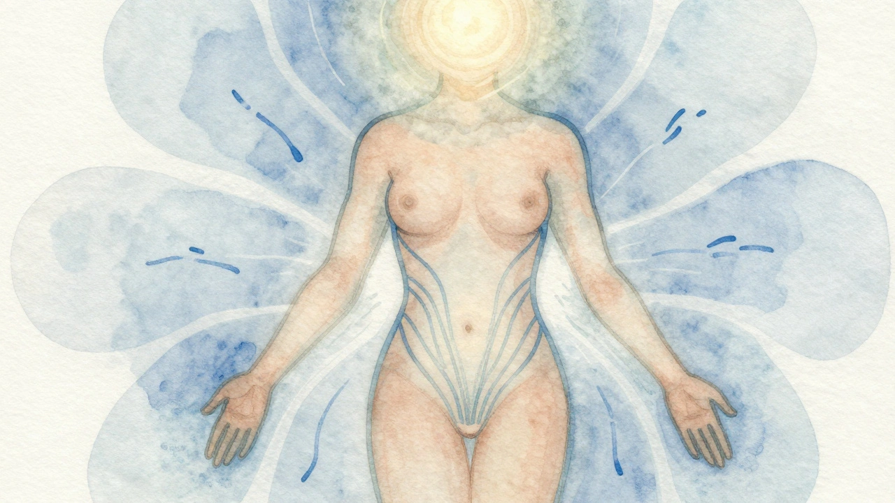 Schéma artistique d&#039;un corps humain avec des lignes d&#039;énergie libérées, représentant une libération sensorielle sans contact sexuel.