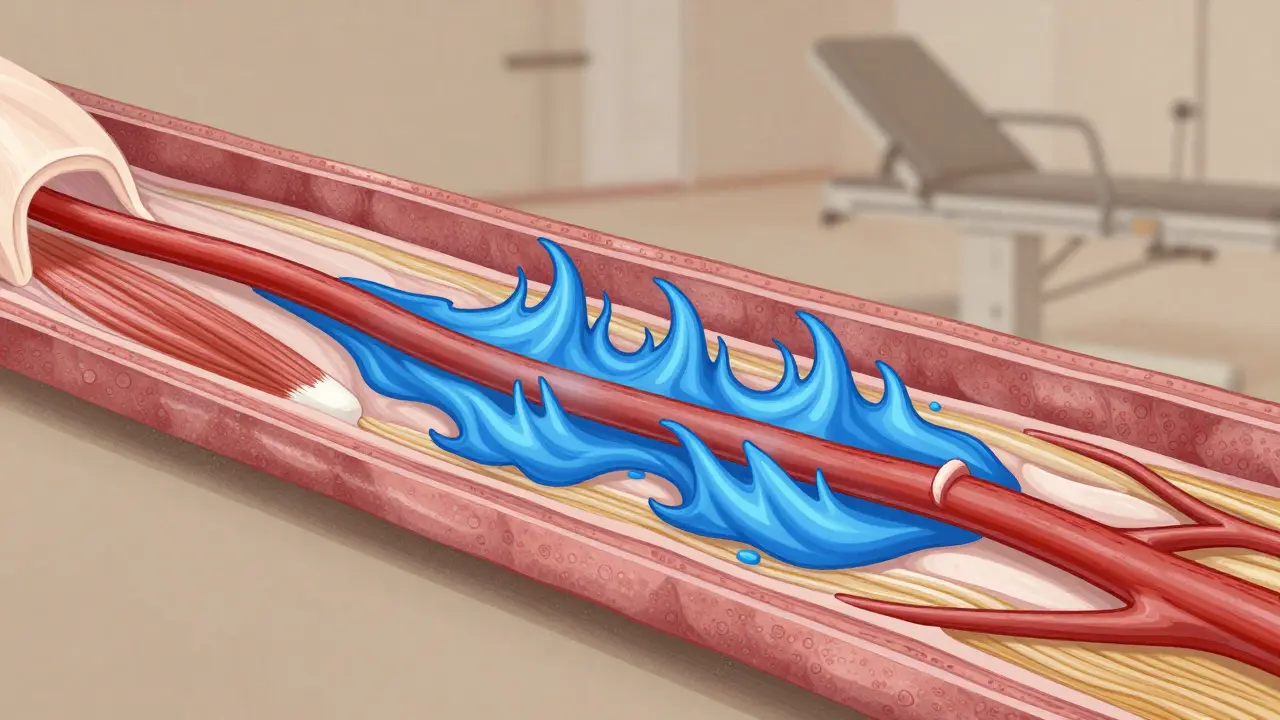 Schéma artistique des ondes de percussion stimulant la circulation sanguine dans les muscles.