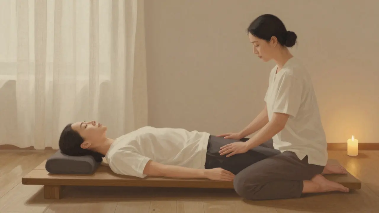 Séance de reiki dans une pièce calme, praticien positionné près d’un client allongé, lumière douce et ambiance apaisante.