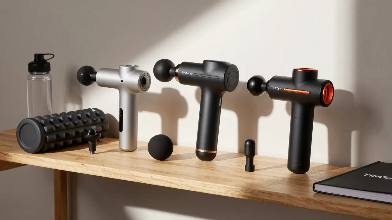 Trois appareils de massage percussion disposés sur une étagère avec leurs embouts.