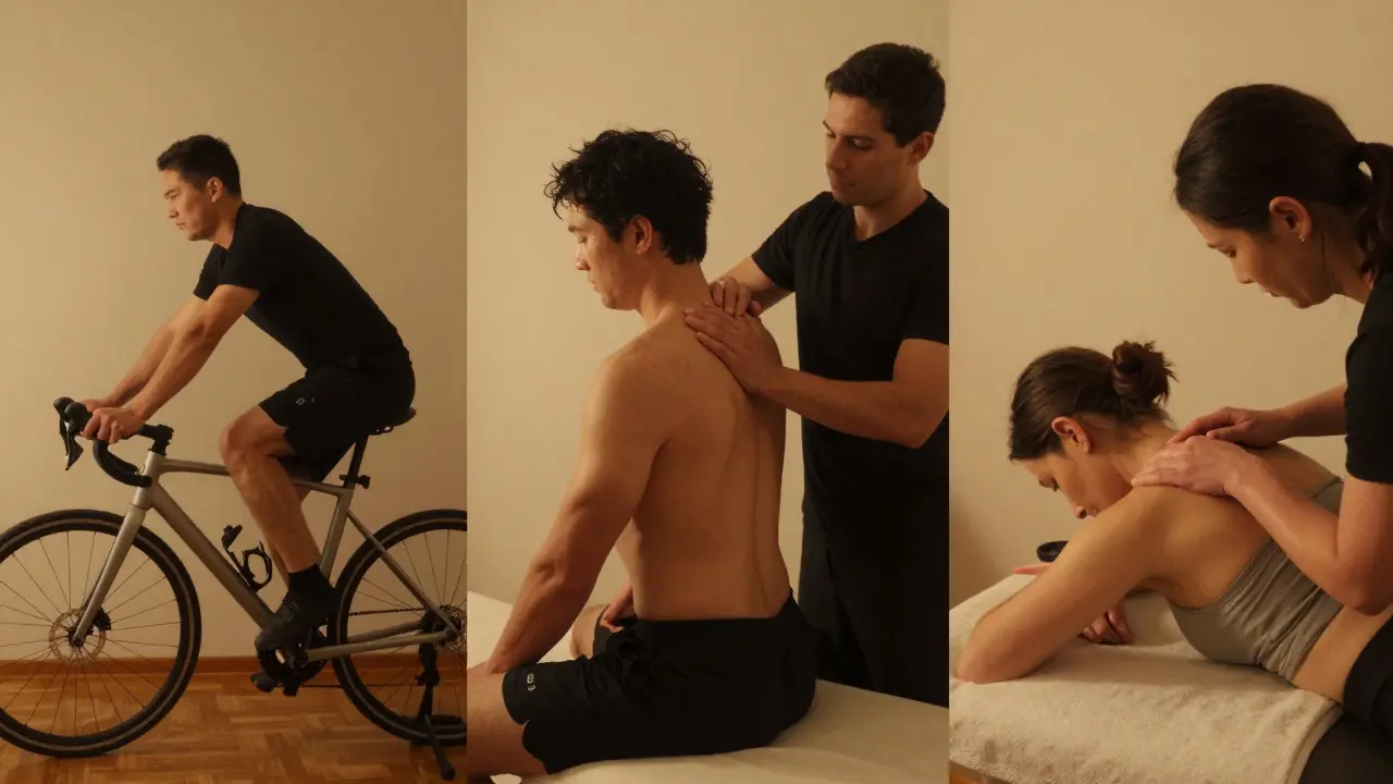 Trois scènes illustrant différentes personnes bénéficiant du massage sportif : cycliste, haltérophile et mère de famille, toutes en mouvement.