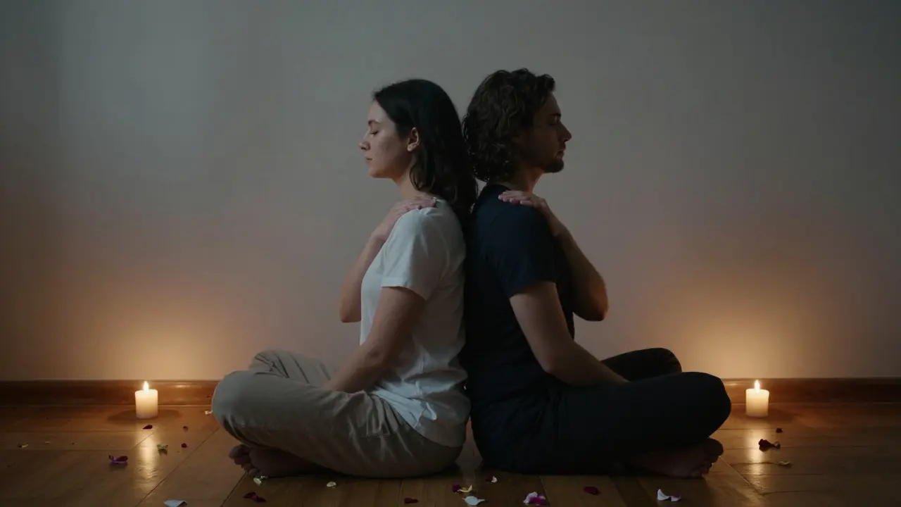 Un homme et une femme assis dos à dos, se massant mutuellement les épaules dans une atmosphère calme et équilibrée.