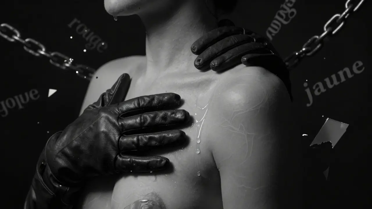 Des mains gantées de cuir caressant une épaule, entourées de chaînes brisées et de mots de sécurité flottants, symbolisant la libération émotionnelle.
