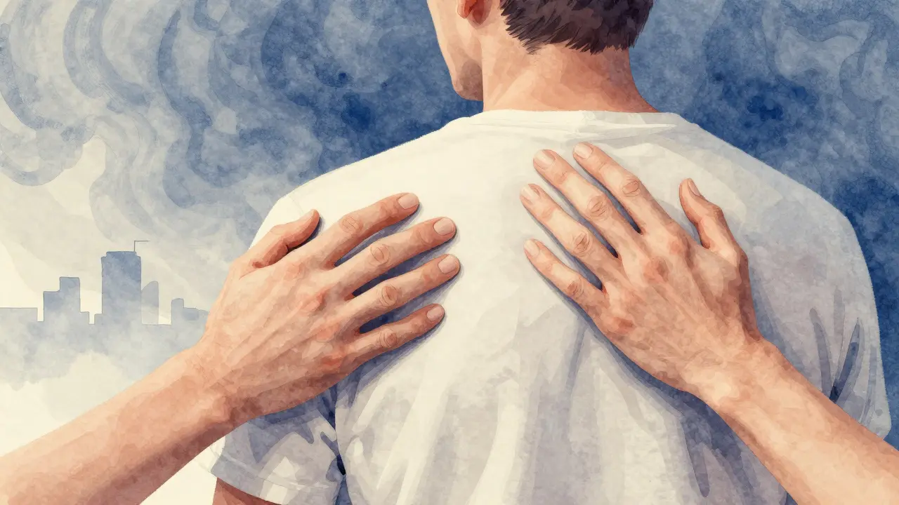 Deux mains caressant doucement l'épaule et le bas du dos d'un homme à travers un drap, style aquarelle douce, symbolisant le toucher thérapeutique.