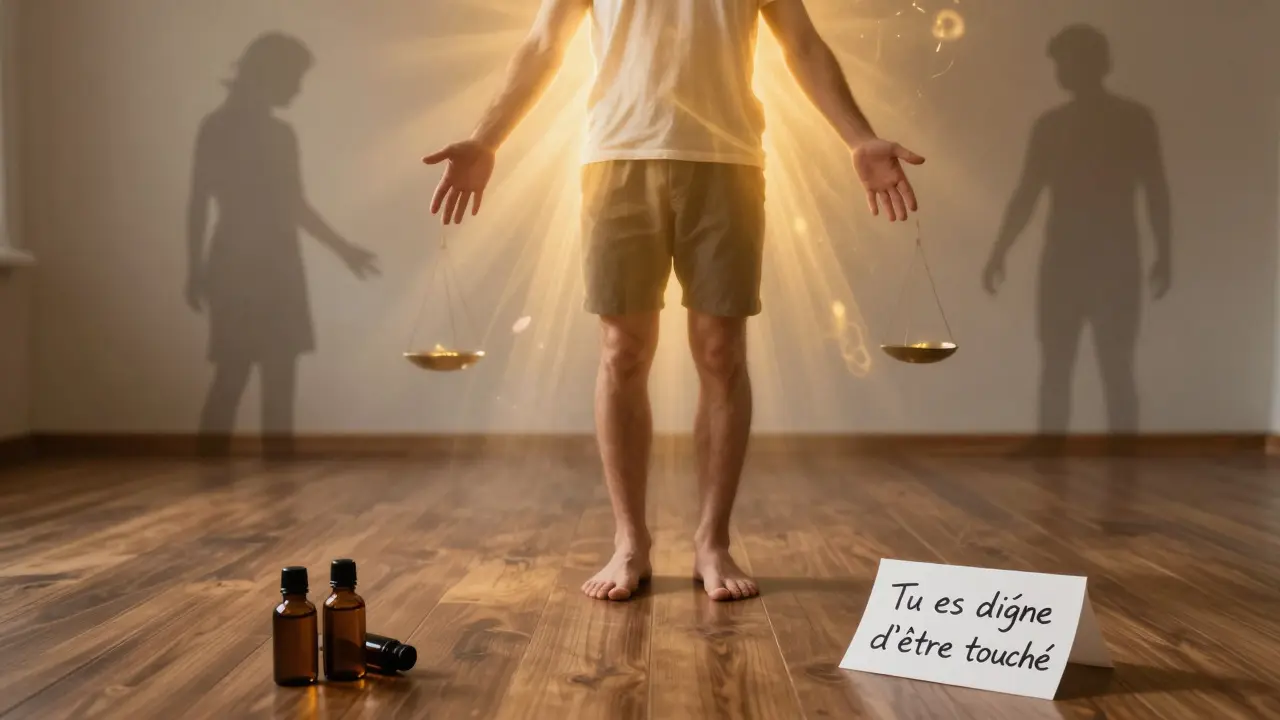 Homme debout, lumière dorée émanant de son corps, ombres du passé se dissipant, représentant la guérison émotionnelle par le toucher.