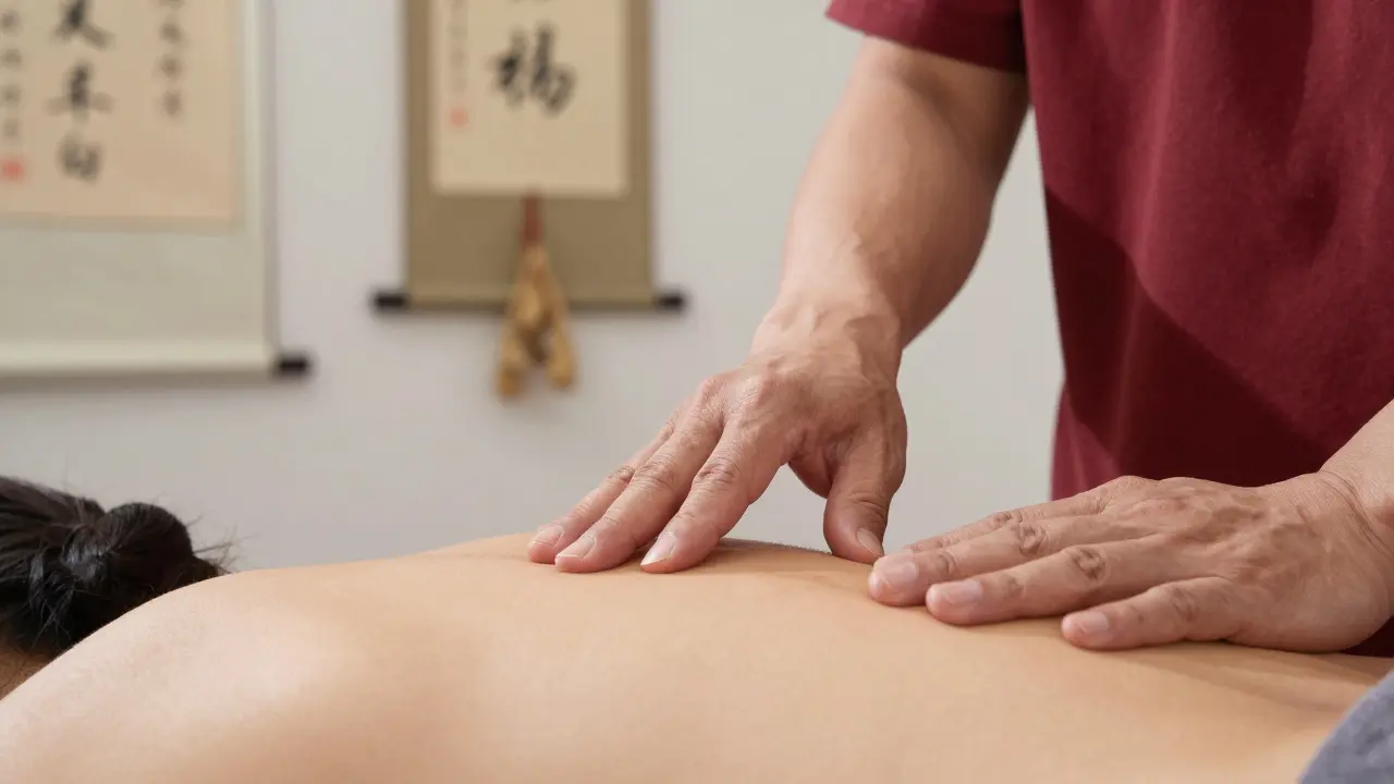 Mains d'un praticien chinois exerçant une pression précise sur un méridien, dans un environnement médical apaisant.