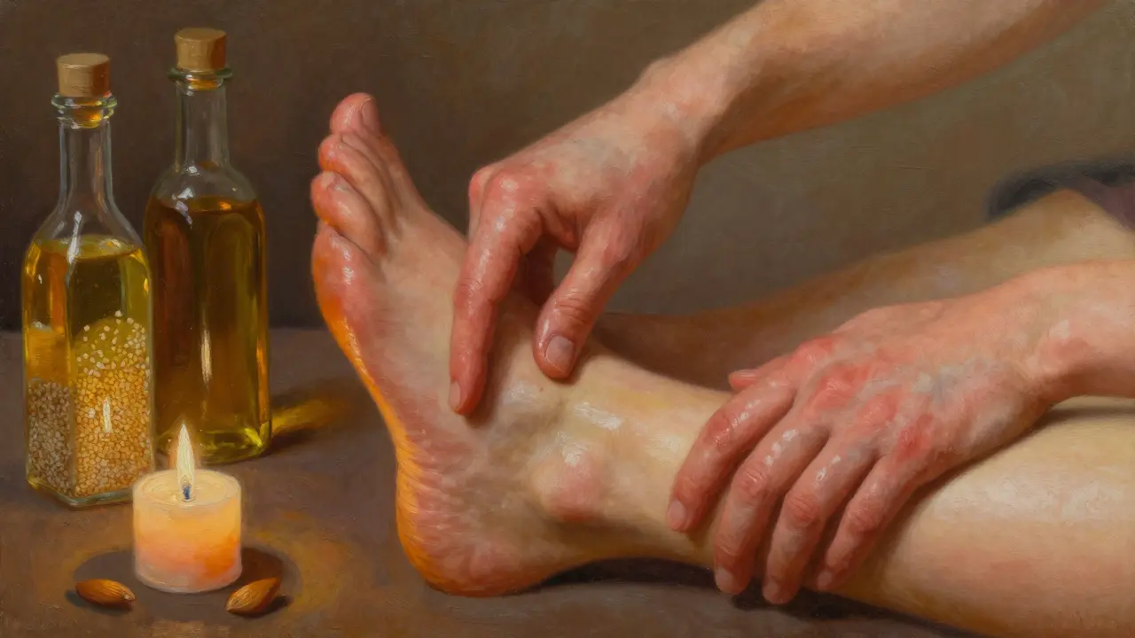 Mains touchant doucement le pied et le ventre, huiles naturelles et chandelle allumée.