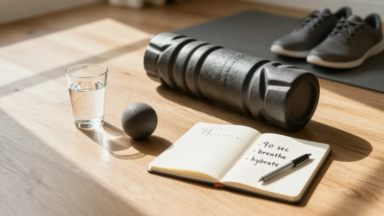 Outils de libération myofasciale posés sur un plancher avec une bouteille d'eau et un carnet de notes.