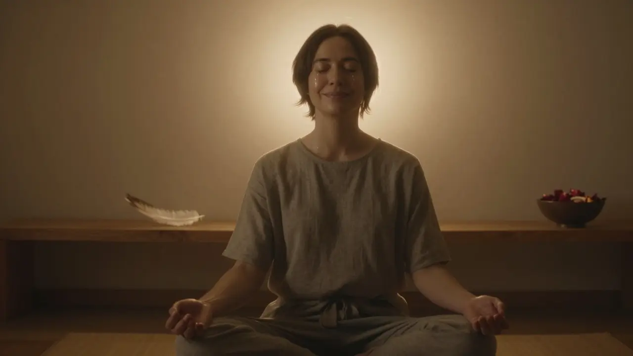 Personne en paix après un massage, larmes et sourire apaisé, lumière dorée environnante.