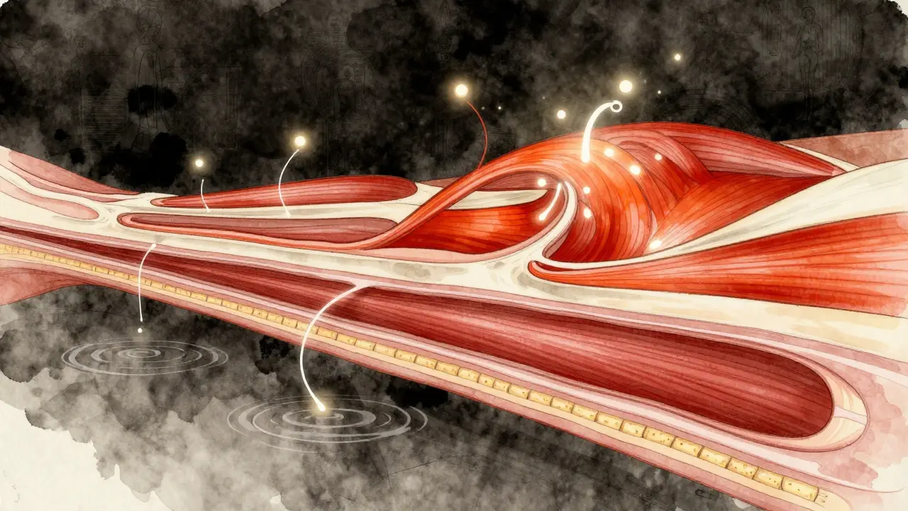 Schéma artistique montrant le flux sanguin qui revient après une compression musculaire, avec des signaux nerveux apaisants.